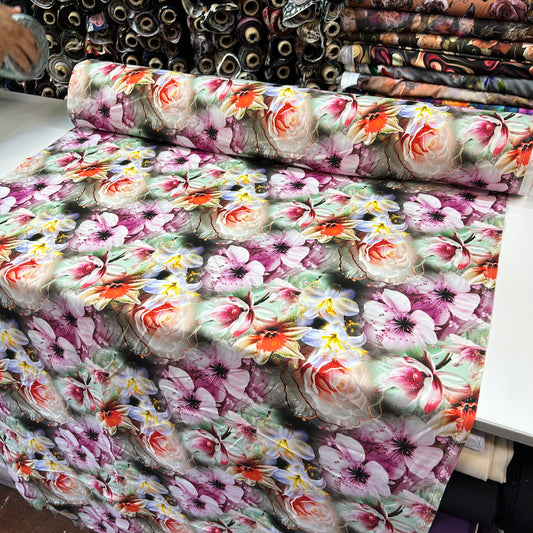 PREMIUM VİSKON - PEMBE TURUNCU ÇİÇEKLİ