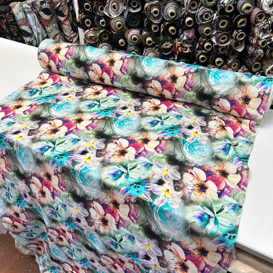 PREMIUM VİSKON - MAVİ TURUNCU ÇİÇEKLİ