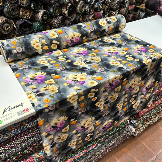 PREMIUM VİSKON - GRİ ZEMİNE RENKLİ ÇİÇEKLİ