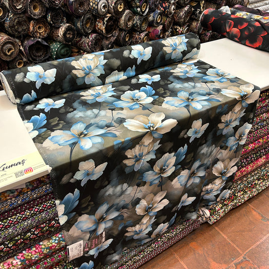 PREMIUM VİSKON - MAVİ BEJ BÜYÜK ÇİÇEKLİ