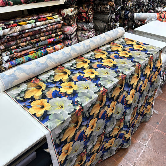 İTHAL İPEK JESİKA - MAVİ SARI BÜYÜK ÇİÇEKLİ